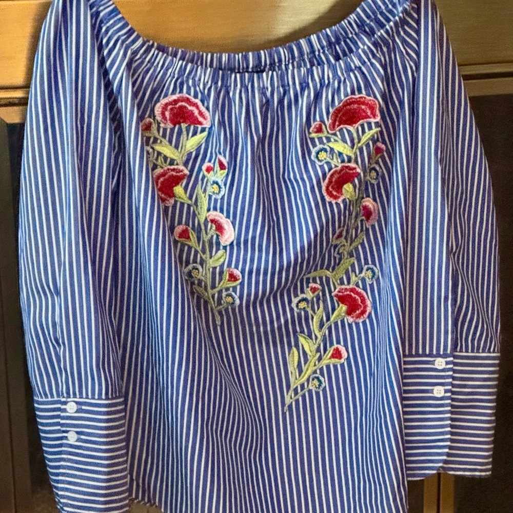 Forever 21 Blue Striped Floral Blouse